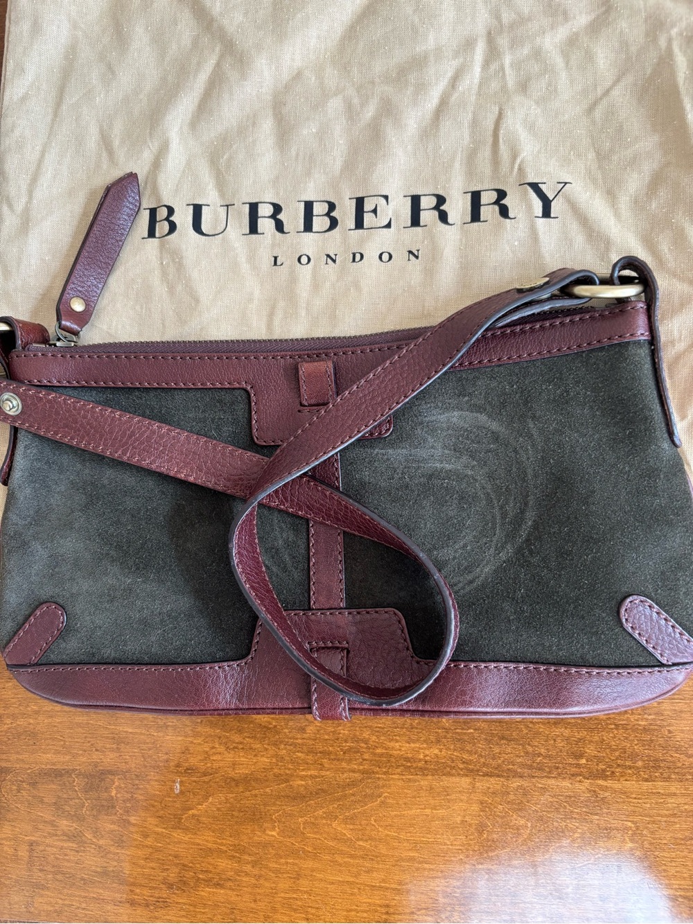 Burberry Black Suede Messenger with Burgundy Leather Trim